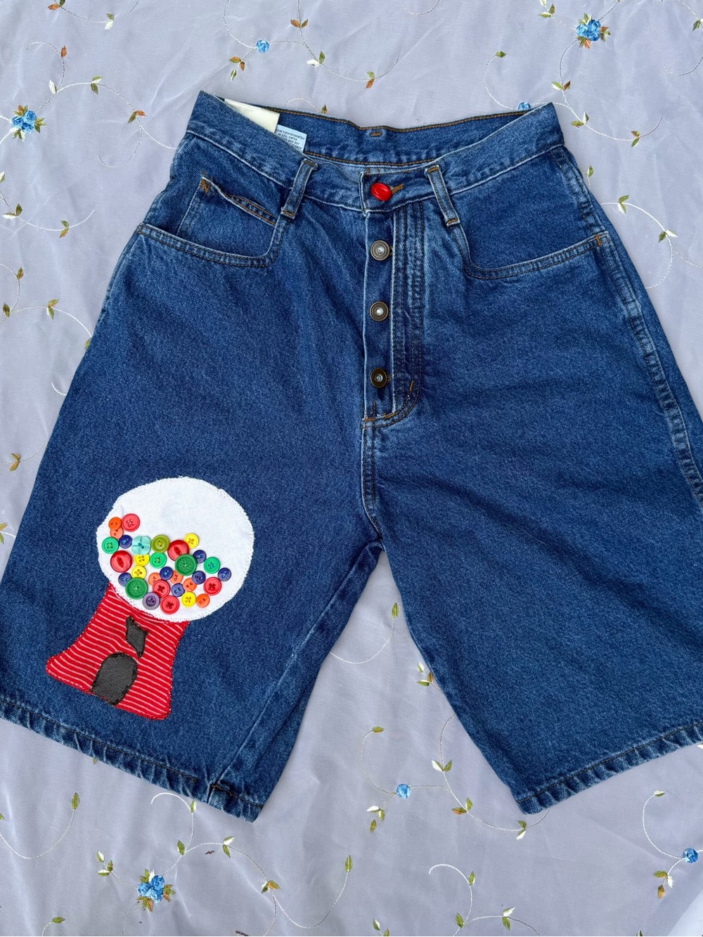 Upcycled bill blass Blue Denim Shorts with handmade gum ball machine patch